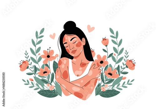 Embracing self love and body positivity surrounded by nature flowers and gentle hearts illustration