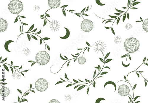 Whimsical celestial botanical pattern featuring moon phases sunbursts and dandelion seeds
