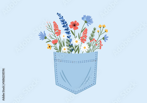 Charming arrangement of wildflowers artfully placed within a light blue denim pocket illustration