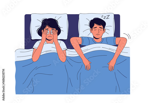 Frustrated woman unable to sleep due to partner's loud snoring disturbing their peaceful slumber causing stress and exhaustion for both
