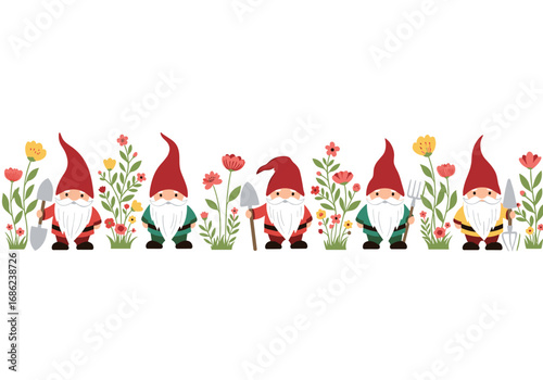 Charming garden gnomes gathered among blooming flowers ready for spring planting season