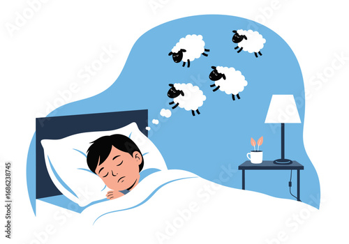A young boy sleeping peacefully in his bed dreaming of fluffy sheep jumping over a fence in the dark blue night sky