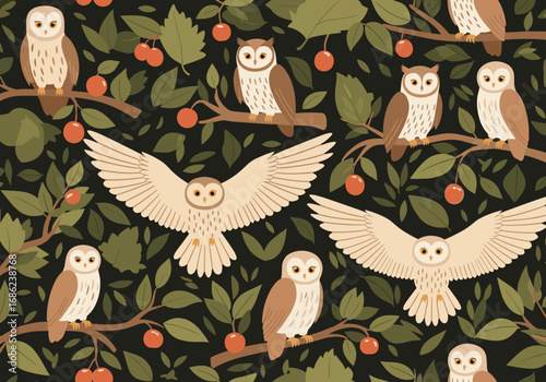 Enchanting forest scene with whimsical owls perched among cherry branches and lush green leaves
