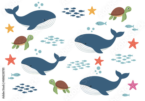 Charming ocean life with whales turtles fish and starfish elements