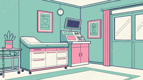 Illustration of doctor's office examination room with medical equipment and healthcare supplies for checkup visit