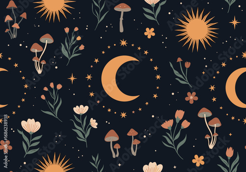 Whimsical celestial garden pattern featuring mystical mushrooms blooming flowers and golden suns and moons