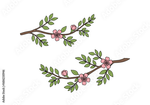 Delicate pink cherry blossoms adorn twigs with green leaves spring awakening nature's beauty blooming floral branches serene garden scene