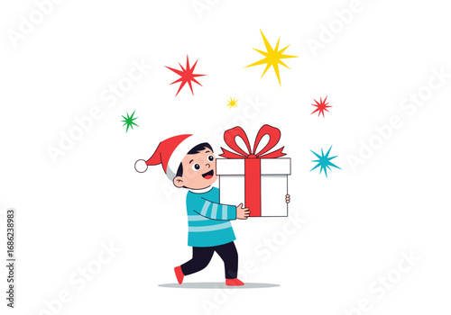 Joyful child wearing a santa hat carrying a wrapped gift with a bright red ribbon under colorful festive stars celebrating holiday cheer and winter season surprises