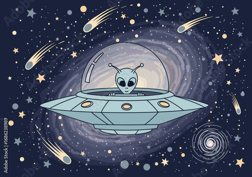 Encountering an extraterrestrial being piloting a spaceship in the vastness of the cosmos among stars and meteors