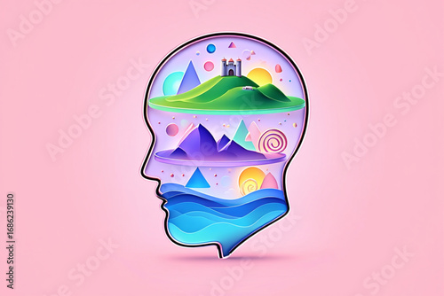 Vector Illustration of Human Head with Dreamlike Landscapes and Glowing Abstract Shapes in Whimsical Pastel Tones