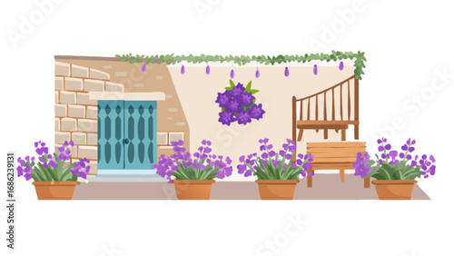 Mediterranean courtyard scene with lavender flowers, stone wall, blue door, and wooden bench illustration
