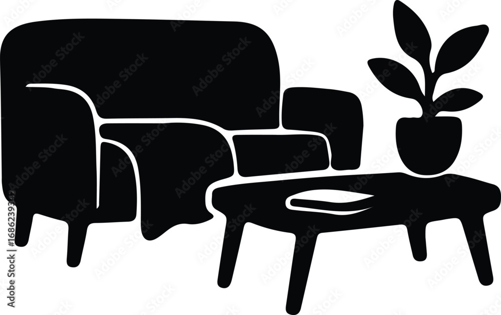 Fototapeta premium Illustrator Vector Living room furniture with armchair and plant silhouette