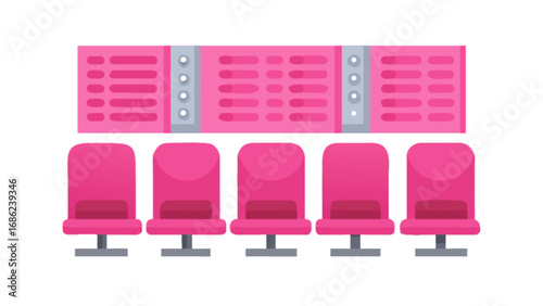Pink airport terminal waiting area with seats and flight information display board vector graphic design