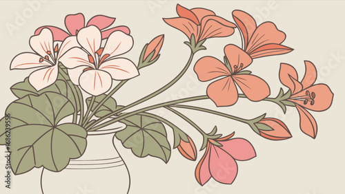 Beautiful floral arrangement of geraniums in vase, vintage style flower illustration artwork image