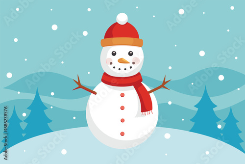 Cute snowman with red Santa hat and scarf smiling in the winter snow. Happy Christmas character illustration for holiday greeting card vector