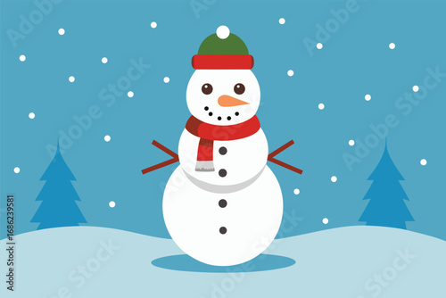 Cute snowman with red Santa hat and scarf smiling in the winter snow. Happy Christmas character illustration for holiday greeting card vector