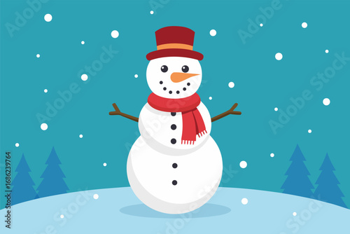Cute snowman with red Santa hat and scarf smiling in the winter snow. Happy Christmas character illustration for holiday greeting card vector