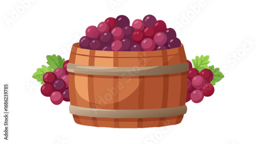 Illustration of fresh grapes in wooden barrel for juice making and wine production, fruit harvest