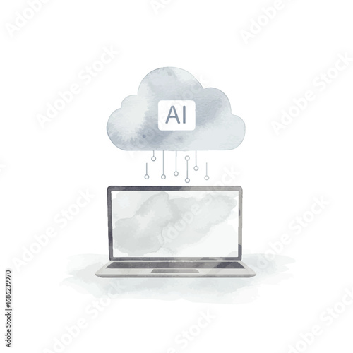 AI cloud computing connecting to laptop, modern technology watercolor illustration design
