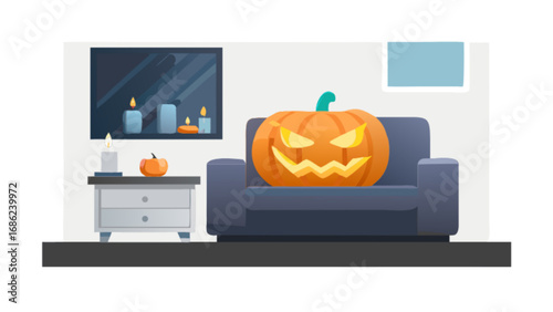 Halloween pumpkin jack o lantern on sofa with candles and decorations spooky season illustration
