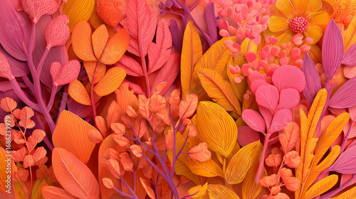Colorful abstract foliage with orange, yellow, and pink leaves and flowers, modern paper cut style, cheerful and vibrant, suitable for autumn or spring themed design projects 