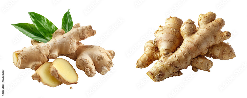Fototapeta premium Two ginger roots with leaves and slices