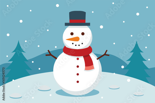 Cute snowman with red Santa hat and scarf smiling in the winter snow. Happy Christmas character illustration for holiday greeting card vector