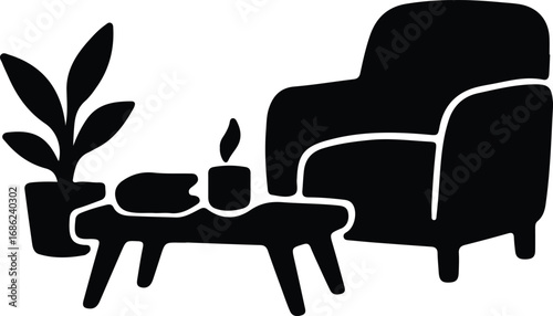 Illustrator Vector Living room with armchair table and plant silhouette