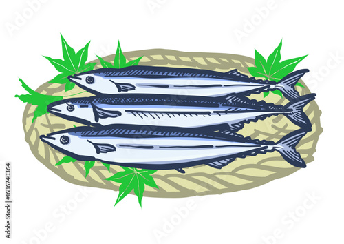 竹ざるに盛られた秋刀魚。秋の味覚　秋刀魚とモミジ。Pacific saury served on a bamboo basket. Autumn flavors: Pacific saury and maple leaves.