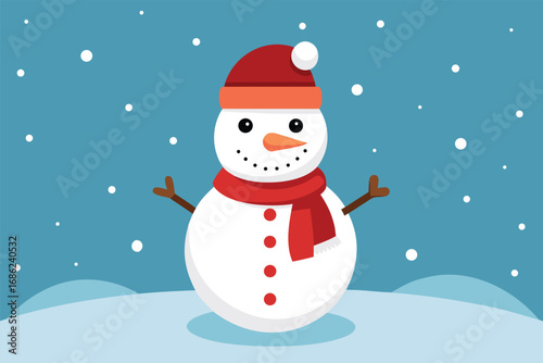Cute snowman with red Santa hat and scarf smiling in the winter snow. Happy Christmas character illustration for holiday greeting card vector