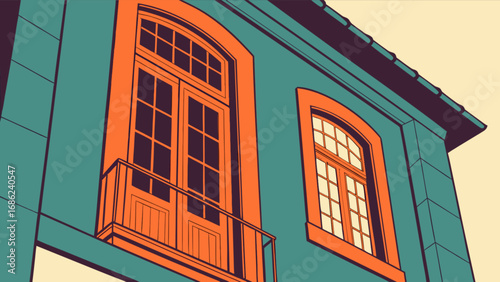 Vintage building facade illustration of architecture with windows and balcony in teal and orange color