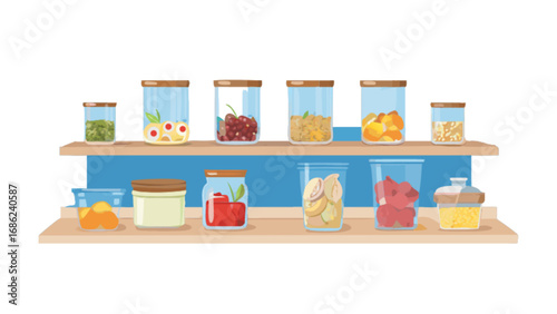 Illustration of kitchen pantry storage organization with glass jars of fruits and vegetables on shelves