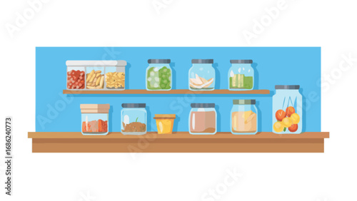 Organized kitchen pantry with glass jars and containers on shelves for food storage solutions idea