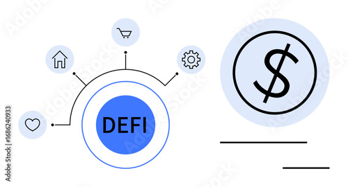 Dollar sign near DeFi icon connected to heart, home, cart, and gear symbols. Ideal for blockchain, fintech, finance, cryptocurrency, economy digital platforms simple flat metaphor