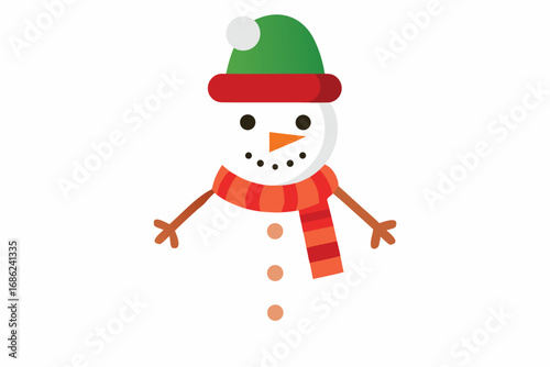 Cute snowman with red Santa hat and scarf smiling in the winter snow. Happy Christmas character illustration for holiday greeting card vector