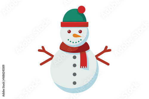 Cute snowman with red Santa hat and scarf smiling in the winter snow. Happy Christmas character illustration for holiday greeting card vector