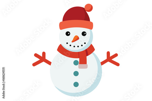 Cute snowman with red Santa hat and scarf smiling in the winter snow. Happy Christmas character illustration for holiday greeting card vector