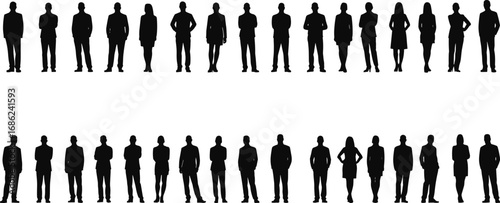 Business people silhouettes group standing together in formal attire, professional team concept, diverse male and female characters isolated
