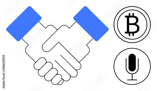 Handshake symbolizes partnership, Bitcoin represents cryptocurrency, and microphone signifies podcasting or communication. Ideal for business, collaboration, digital economy, finance, cryptocurrency