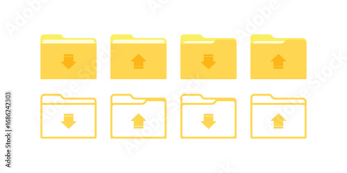 Download and upload folder icon set in yellow. This collection features both solid and outline styles, perfect for web, UI, and mobile app design