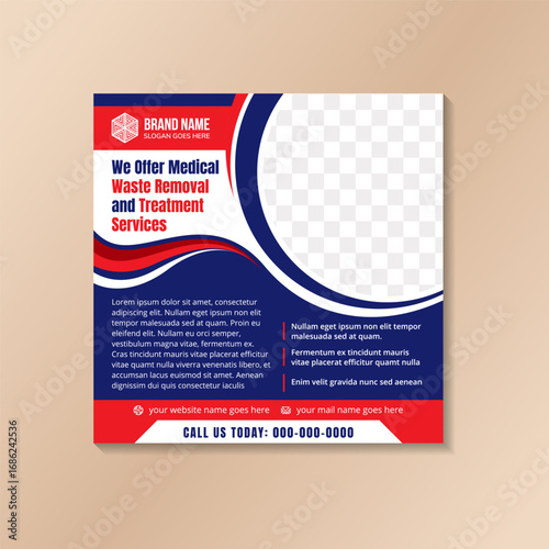 we offer medial waste removal and treatment services social media cover or web banner design template with space for photo. blue, red, and white colors combination on square layout