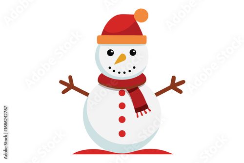 Cute snowman with red Santa hat and scarf smiling in the winter snow. Happy Christmas character illustration for holiday greeting card vector
