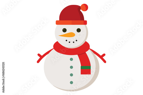 Cute snowman with red Santa hat and scarf smiling in the winter snow. Happy Christmas character illustration for holiday greeting card vector