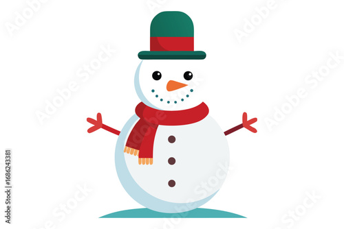 Cute snowman with red Santa hat and scarf smiling in the winter snow. Happy Christmas character illustration for holiday greeting card vector