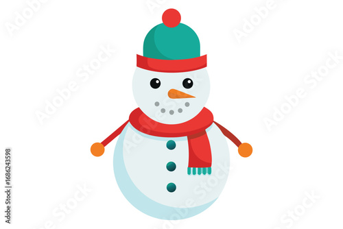 Cute snowman with red Santa hat and scarf smiling in the winter snow. Happy Christmas character illustration for holiday greeting card vector