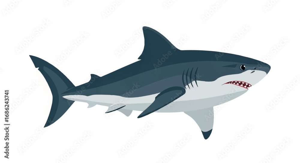 Fototapeta premium Great White Shark Swimming in Ocean Waters.