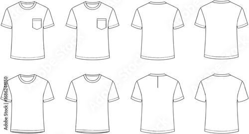 CAD drawing flat vector illustration of basic crew neck T-shirts technical fashion sketch front and back views