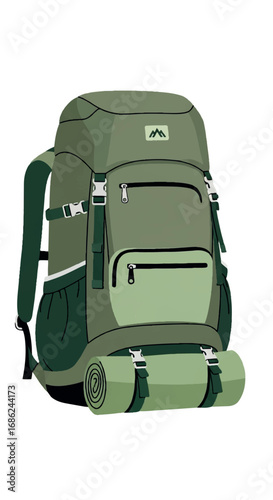 Green Hiking Backpack with Rolled Sleeping Bag.