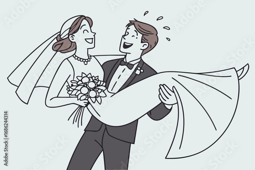 Cartoon Wedding Bliss A Happy Bride and Groom Embrace Surrounded by Love and Floral Beauty on Their Special Day