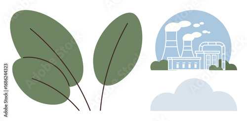 Green leaves juxtaposed against a power plant emitting smoke, highlighting environmental concerns and sustainability. Ideal for energy, pollution, nature, ecology, climate, contrast, simple flat